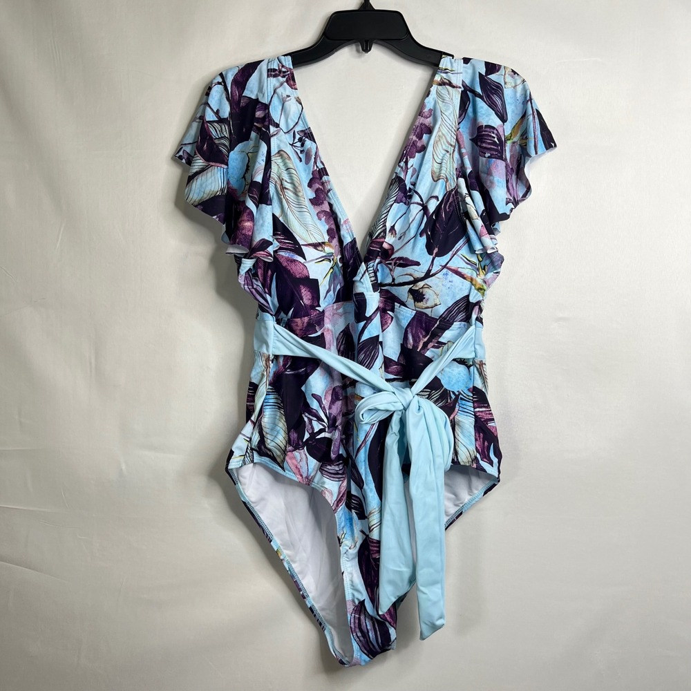Blue Floral One Piece Swimsuit Women 3XL Tie Waist Tropical Cruise Vacation